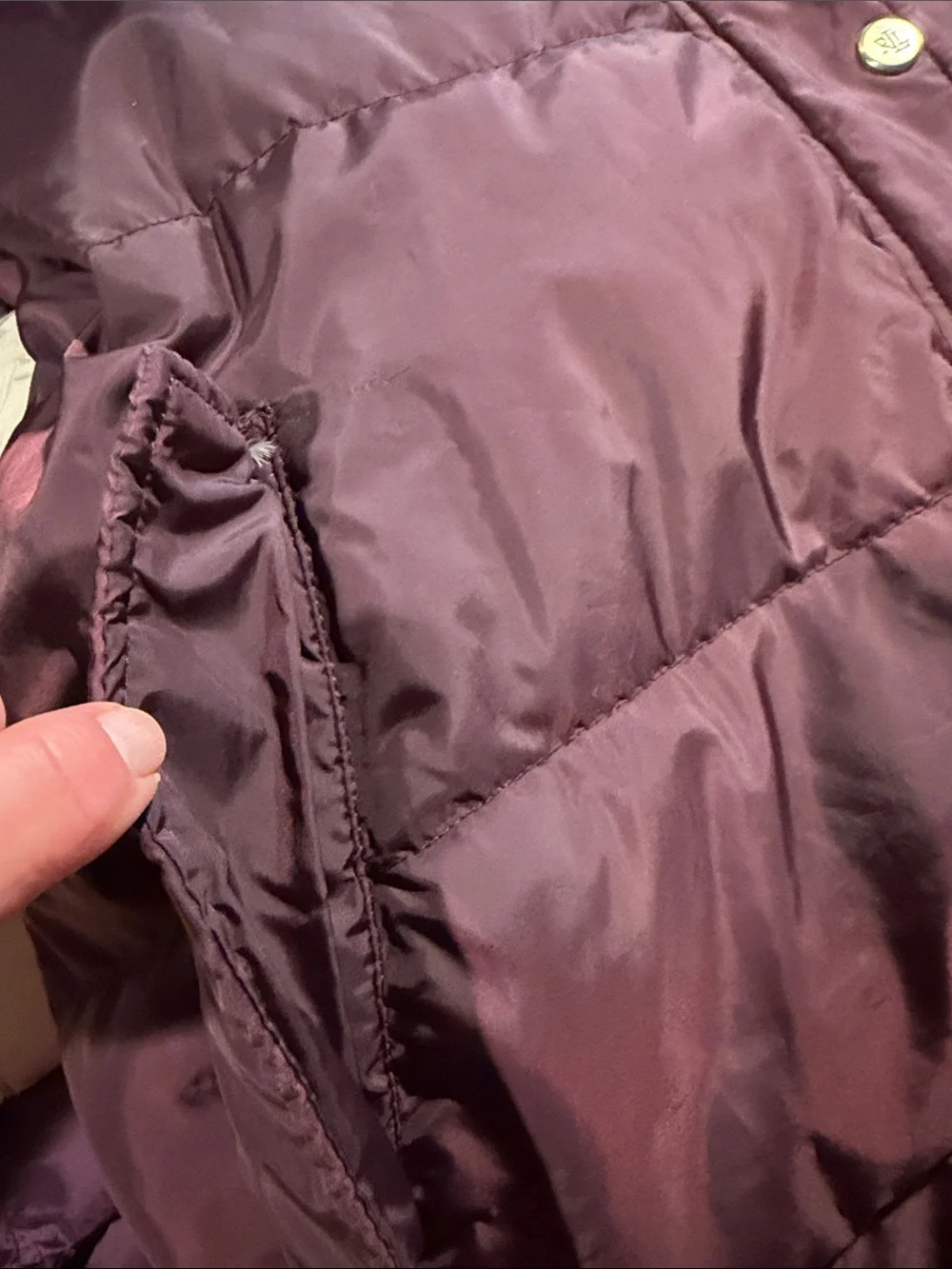 Ralph Lauren Deep Plum Long Puffer Coat with Faux Fur Hood Medium